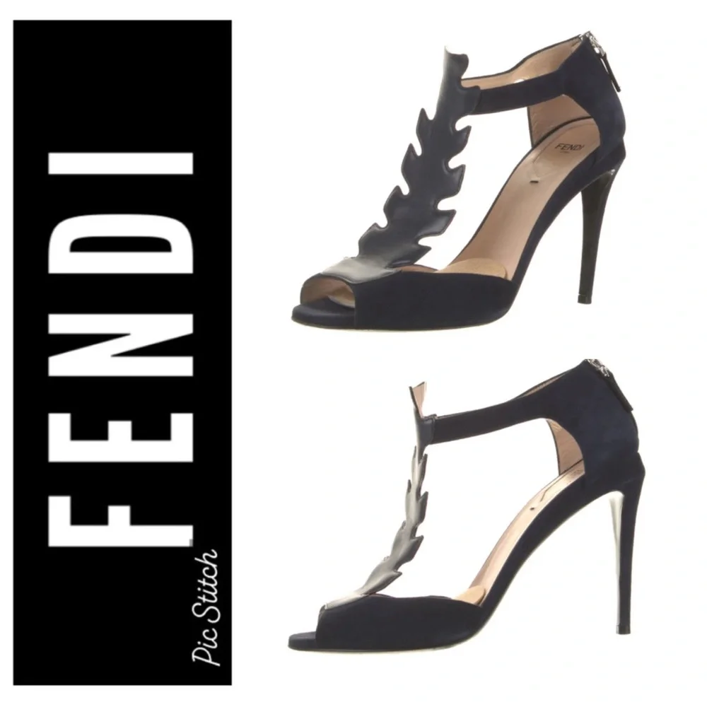 Authentic Fendi Croc-Tail T-Strap Leather Evening Sandal In Navy Leather - Picture 1 of 8